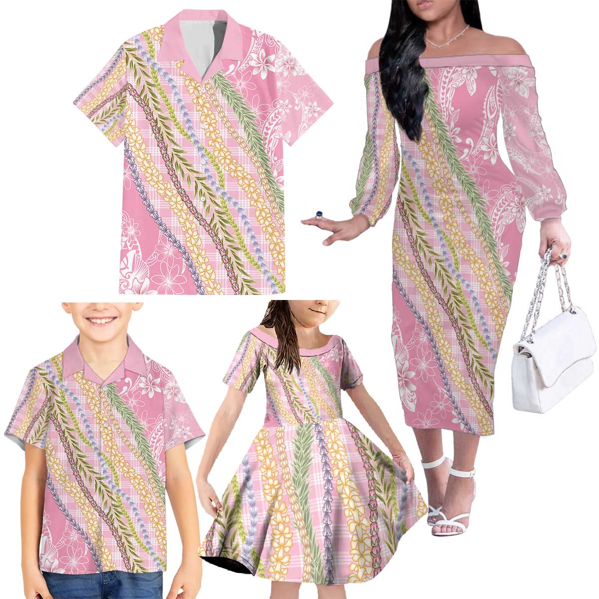 Pink Palaka Hawaii Leis Family Matching Off The Shoulder Long Sleeve Dress and Hawaiian Shirt Hawaiian-plaid Elegant Tropical Vibes - Polynesian Pride
