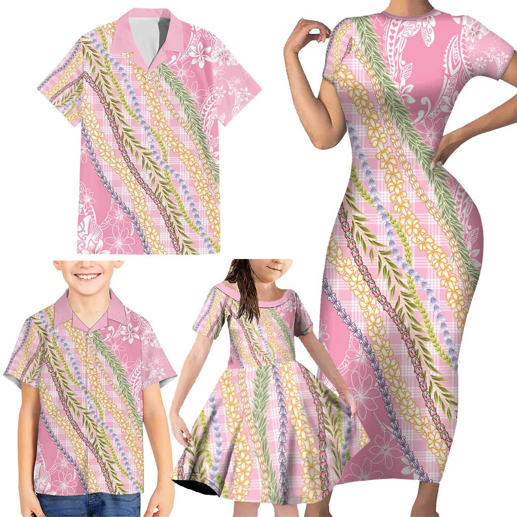 Pink Palaka Hawaii Leis Family Matching Short Sleeve Bodycon Dress and Hawaiian Shirt Hawaiian-plaid Elegant Tropical Vibes - Polynesian Pride