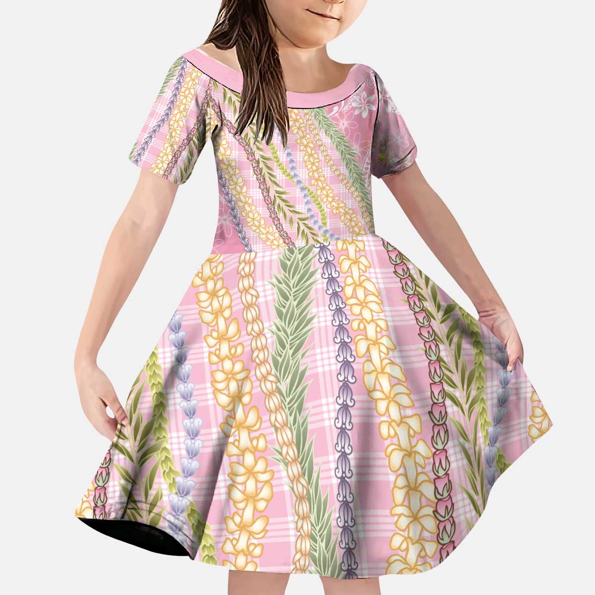 Pink Palaka Hawaii Leis Kid Short Sleeve Dress Hawaiian-plaid Elegant Tropical Vibes - Polynesian Pride
