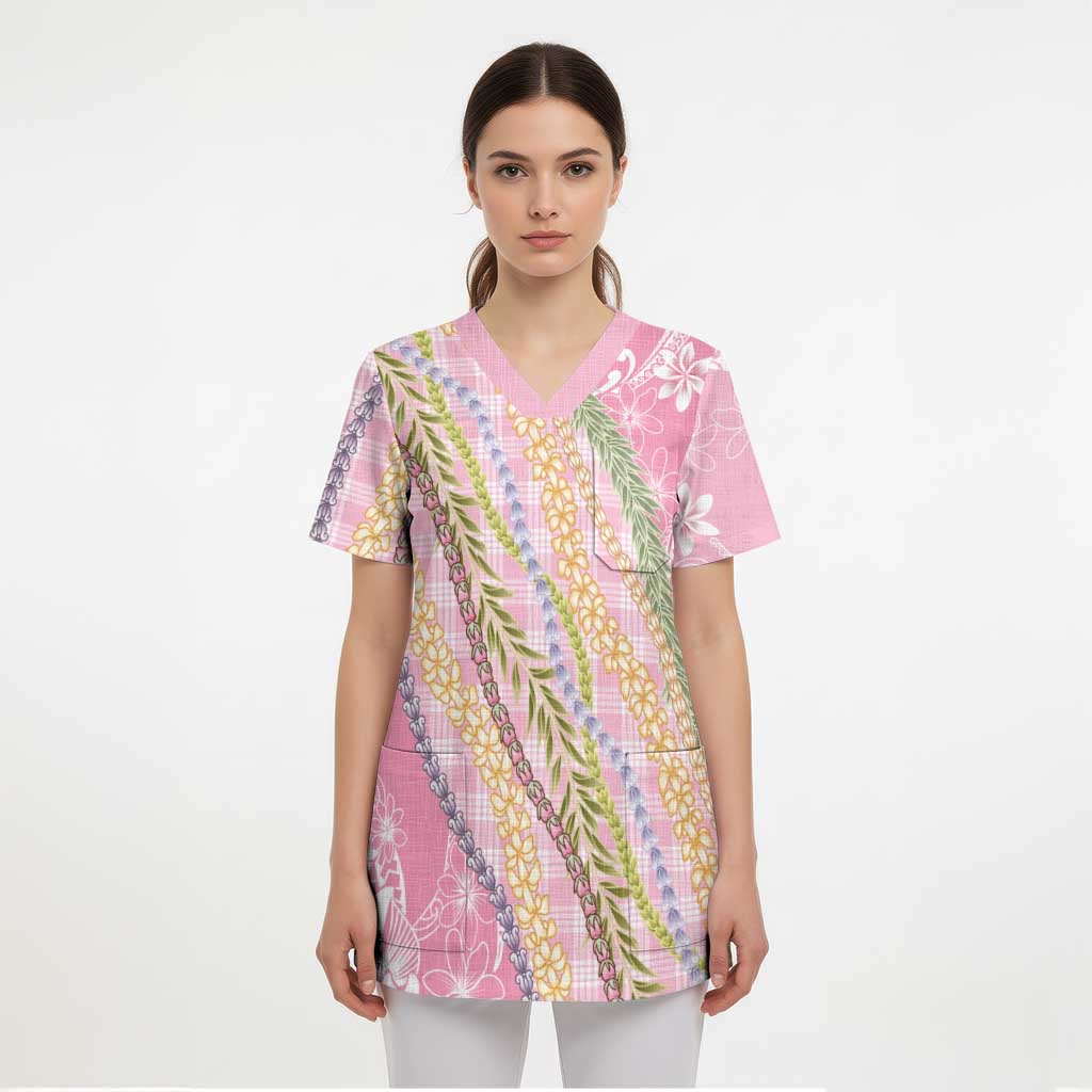 Pink Palaka Hawaii Leis Scrub Top Hawaiian-plaid Elegant Tropical Vibes - Polynesian Pride