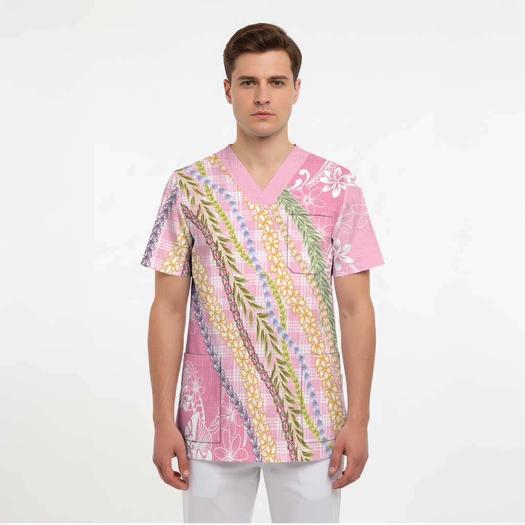 Pink Palaka Hawaii Leis Scrub Top Hawaiian-plaid Elegant Tropical Vibes - Polynesian Pride