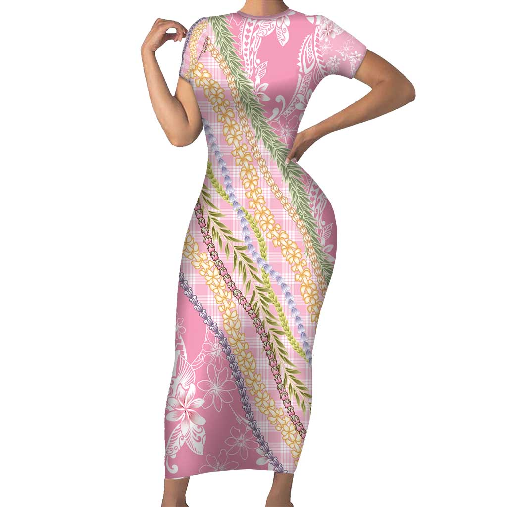 Pink Palaka Hawaii Leis Short Sleeve Bodycon Dress Hawaiian-plaid Elegant Tropical Vibes - Polynesian Pride