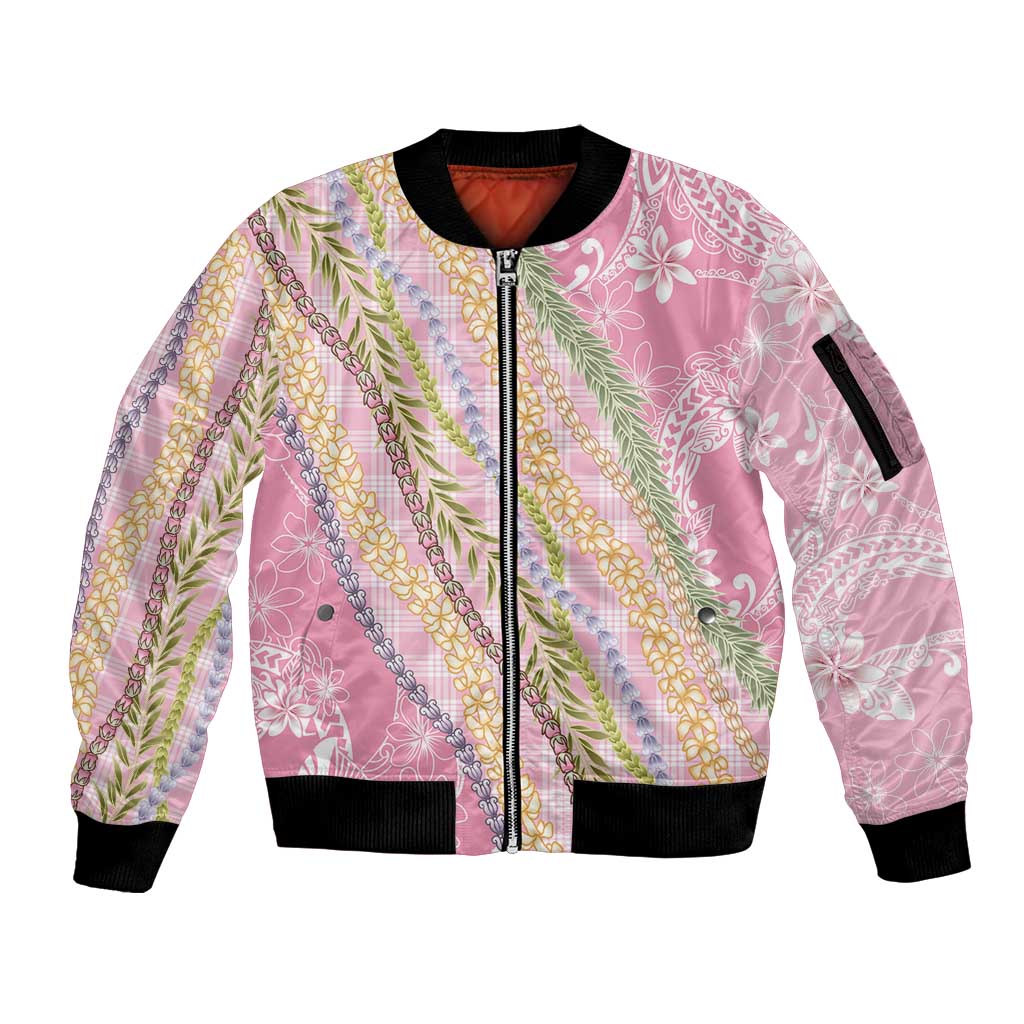 Pink Palaka Hawaii Leis Sleeve Zip Bomber Jacket Hawaiian-plaid Elegant Tropical Vibes - Polynesian Pride