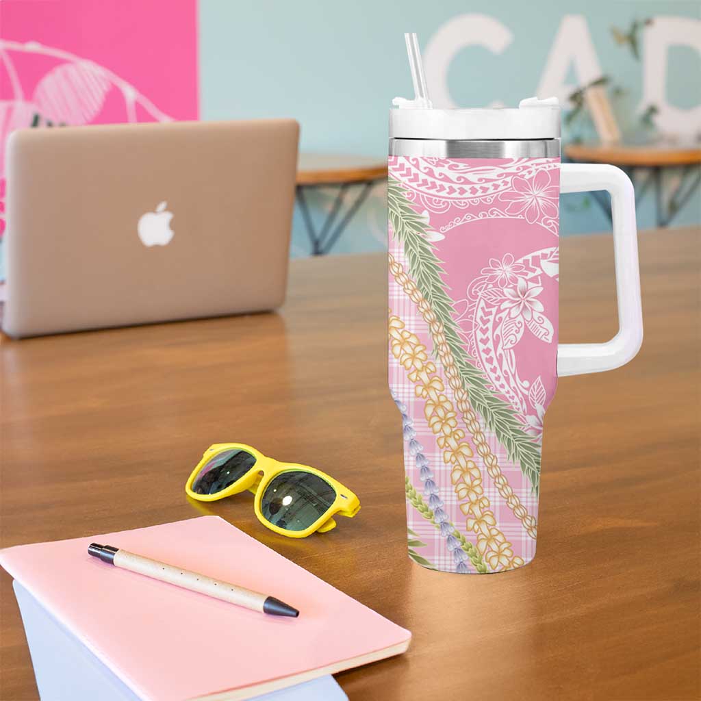 Pink Palaka Hawaii Leis Tumbler With Handle Hawaiian-plaid Elegant Tropical Vibes - Polynesian Pride