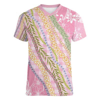 Pink Palaka Hawaii Leis Women V-Neck T-Shirt Hawaiian-plaid Elegant Tropical Vibes - Polynesian Pride
