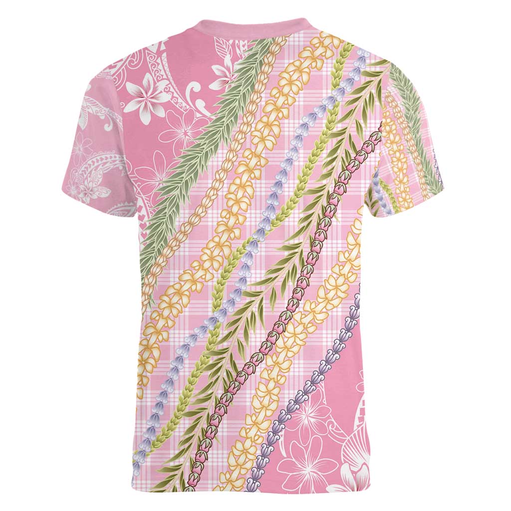 Pink Palaka Hawaii Leis Women V-Neck T-Shirt Hawaiian-plaid Elegant Tropical Vibes - Polynesian Pride