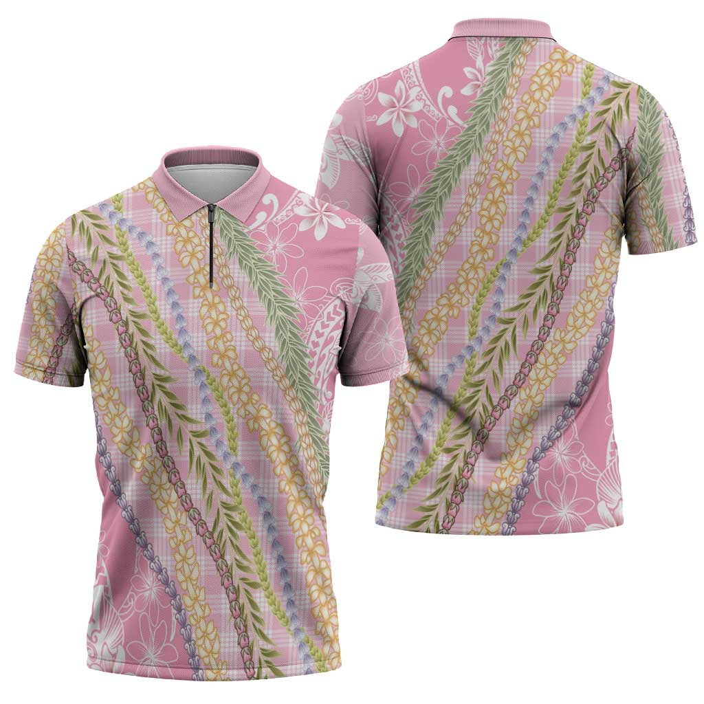 Pink Palaka Hawaii Leis Zipper Polo Shirt Hawaiian-plaid Elegant Tropical Vibes - Polynesian Pride