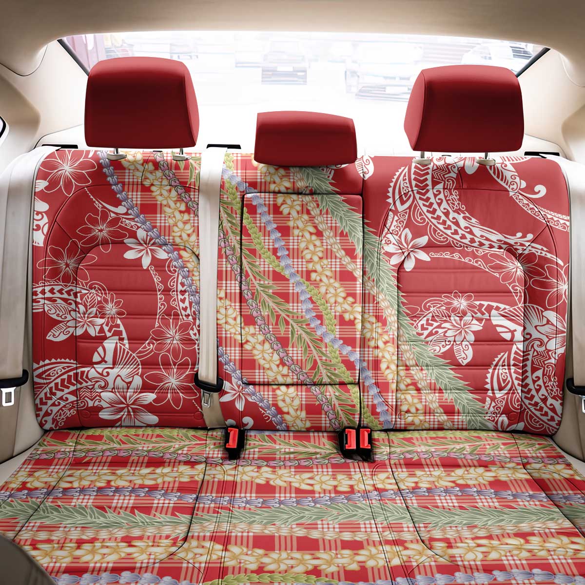 Red Palaka Hawaii Leis Back Car Seat Cover Hawaiian-plaid Elegant Tropical Vibes - Polynesian Pride