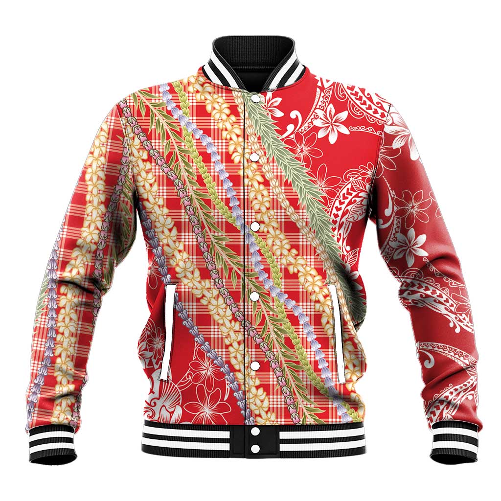 Red Palaka Hawaii Leis Baseball Jacket Hawaiian-plaid Elegant Tropical Vibes - Polynesian Pride