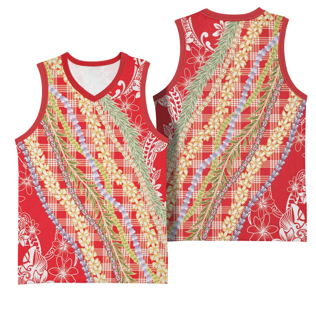 Red Palaka Hawaii Leis Basketball Jersey Hawaiian-plaid Elegant Tropical Vibes - Polynesian Pride