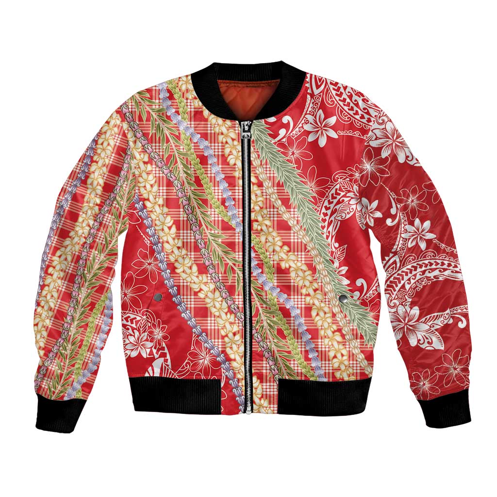 Red Palaka Hawaii Leis Bomber Jacket Hawaiian-plaid Elegant Tropical Vibes - Polynesian Pride