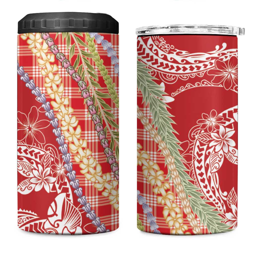 Red Palaka Hawaii Leis 4 in 1 Can Cooler Tumbler Hawaiian-plaid Elegant Tropical Vibes - Polynesian Pride