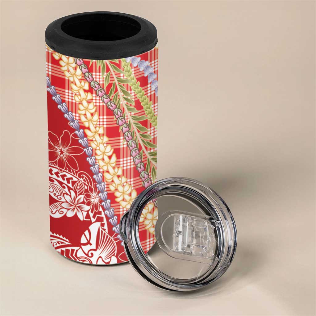 Red Palaka Hawaii Leis 4 in 1 Can Cooler Tumbler Hawaiian-plaid Elegant Tropical Vibes - Polynesian Pride