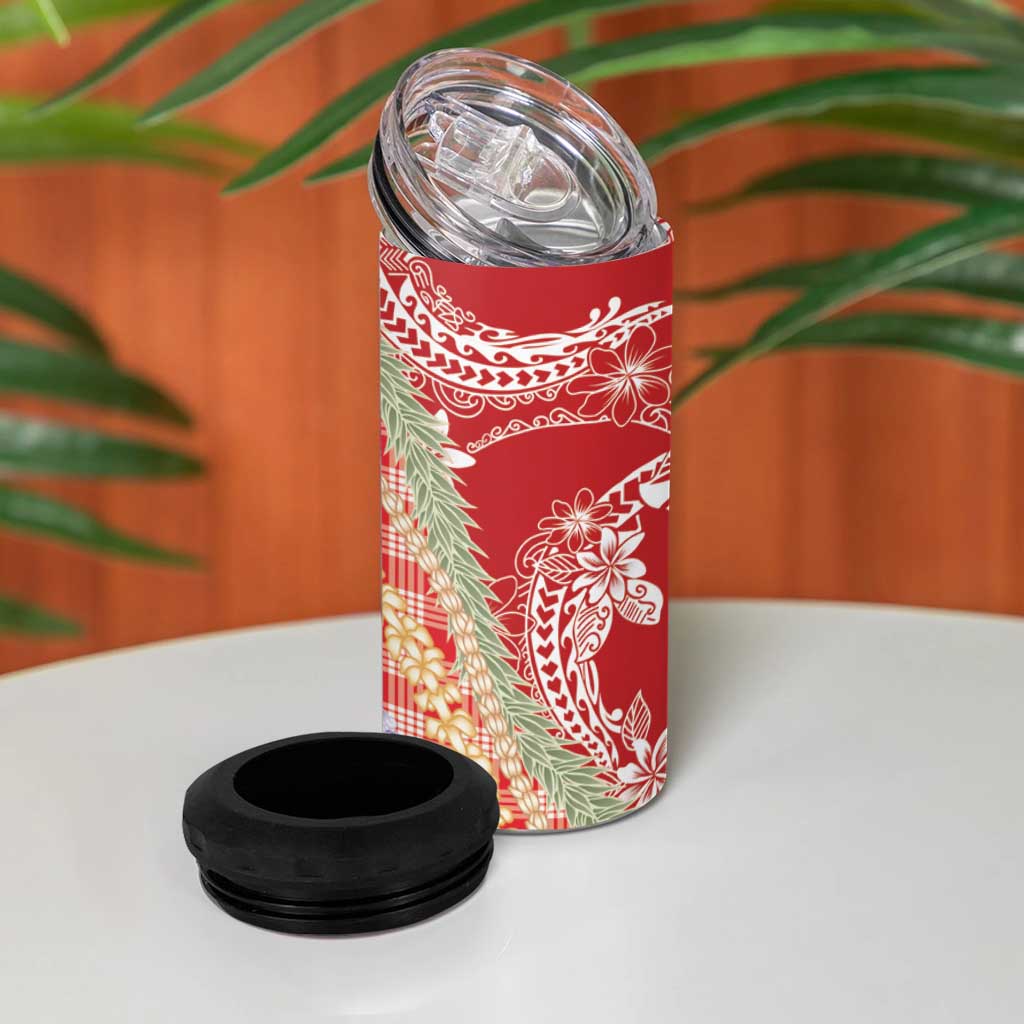 Red Palaka Hawaii Leis 4 in 1 Can Cooler Tumbler Hawaiian-plaid Elegant Tropical Vibes - Polynesian Pride