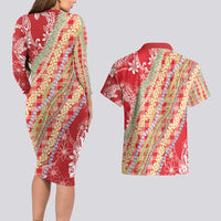 Red Palaka Hawaii Leis Couples Matching Long Sleeve Bodycon Dress and Hawaiian Shirt Hawaiian-plaid Elegant Tropical Vibes - Polynesian Pride