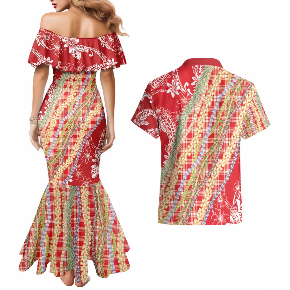 Red Palaka Hawaii Leis Couples Matching Mermaid Dress and Hawaiian Shirt Hawaiian-plaid Elegant Tropical Vibes - Polynesian Pride