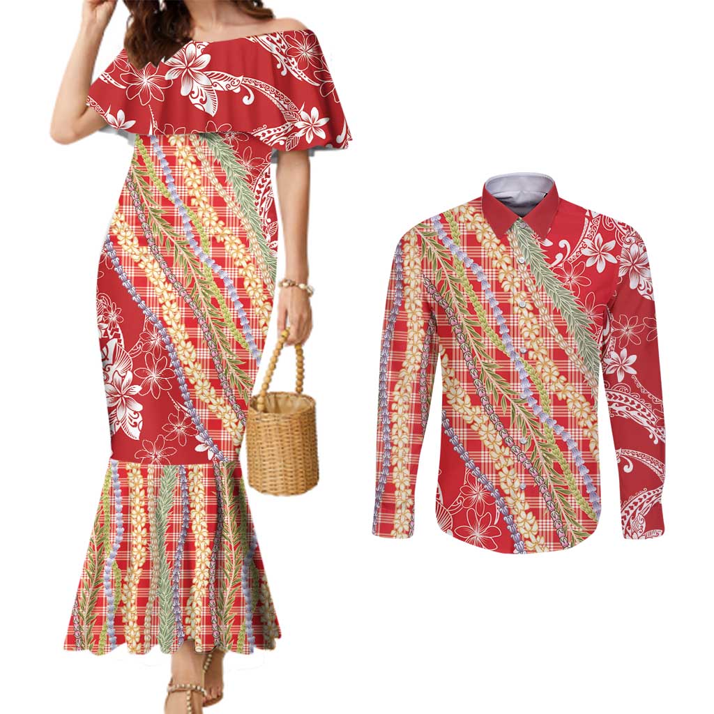 Red Palaka Hawaii Leis Couples Matching Mermaid Dress and Long Sleeve Button Shirt Hawaiian-plaid Elegant Tropical Vibes - Polynesian Pride