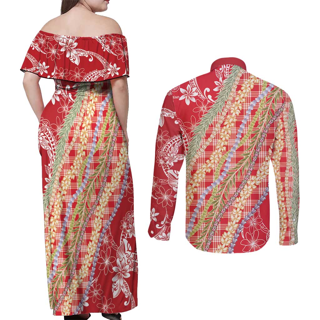 Red Palaka Hawaii Leis Couples Matching Off Shoulder Maxi Dress and Long Sleeve Button Shirt Hawaiian-plaid Elegant Tropical Vibes - Polynesian Pride