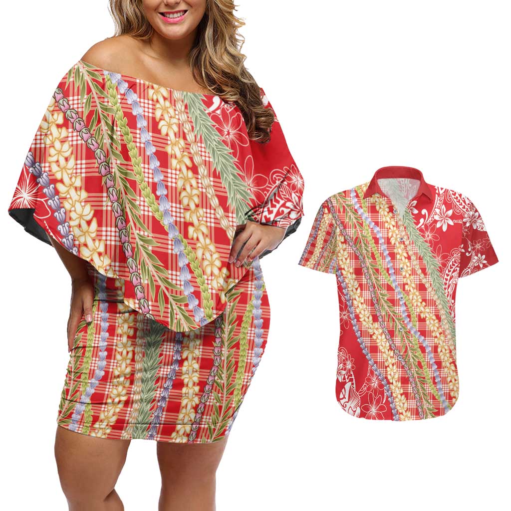 Red Palaka Hawaii Leis Couples Matching Off Shoulder Short Dress and Hawaiian Shirt Hawaiian-plaid Elegant Tropical Vibes - Polynesian Pride