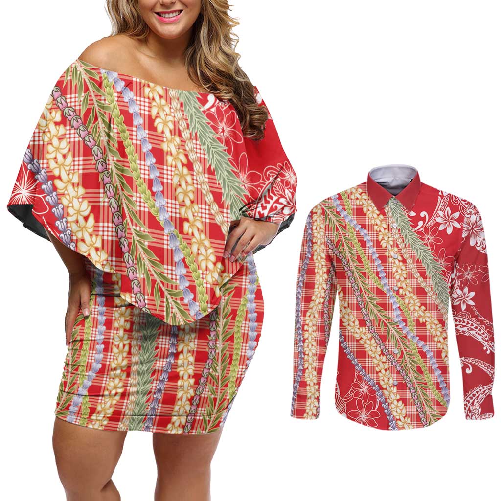 Red Palaka Hawaii Leis Couples Matching Off Shoulder Short Dress and Long Sleeve Button Shirt Hawaiian-plaid Elegant Tropical Vibes - Polynesian Pride