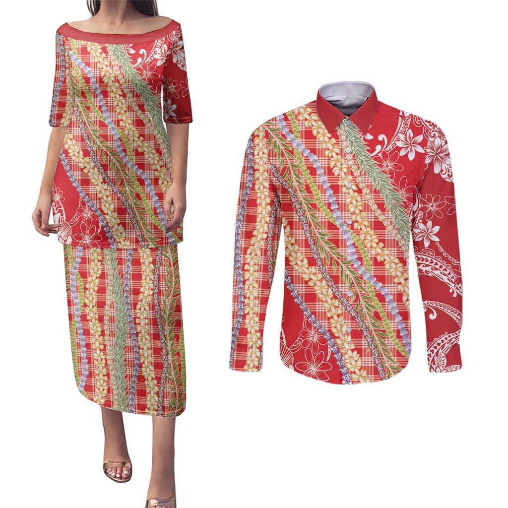 Red Palaka Hawaii Leis Couples Matching Puletasi and Long Sleeve Button Shirt Hawaiian-plaid Elegant Tropical Vibes - Polynesian Pride