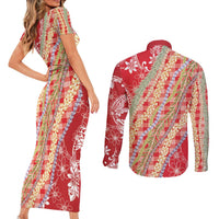 Red Palaka Hawaii Leis Couples Matching Short Sleeve Bodycon Dress and Long Sleeve Button Shirt Hawaiian-plaid Elegant Tropical Vibes - Polynesian Pride