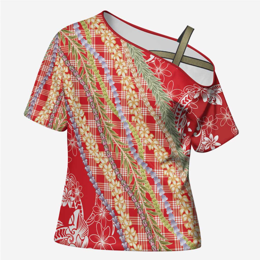 Red Palaka Hawaii Leis Cross Shoulder Shirt Hawaiian-plaid Elegant Tropical Vibes - Polynesian Pride