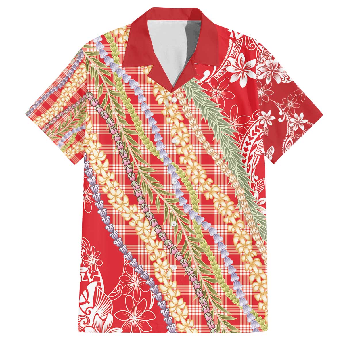 Red Palaka Hawaii Leis Family Matching Off The Shoulder Long Sleeve Dress and Hawaiian Shirt Hawaiian-plaid Elegant Tropical Vibes - Polynesian Pride