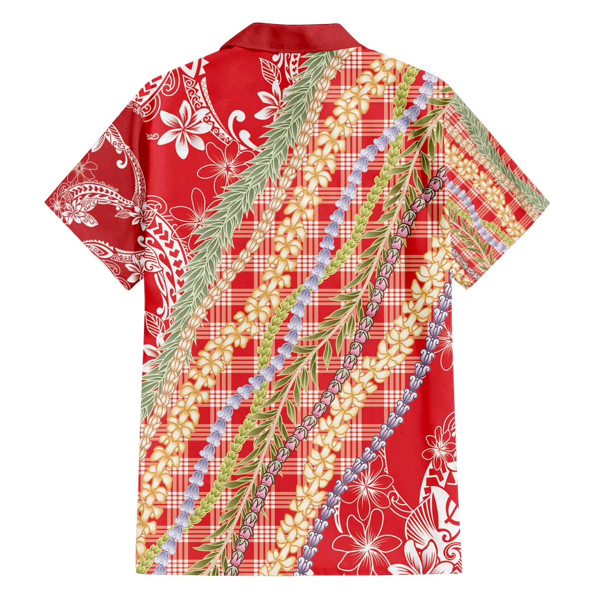 Red Palaka Hawaii Leis Family Matching Off The Shoulder Long Sleeve Dress and Hawaiian Shirt Hawaiian-plaid Elegant Tropical Vibes - Polynesian Pride