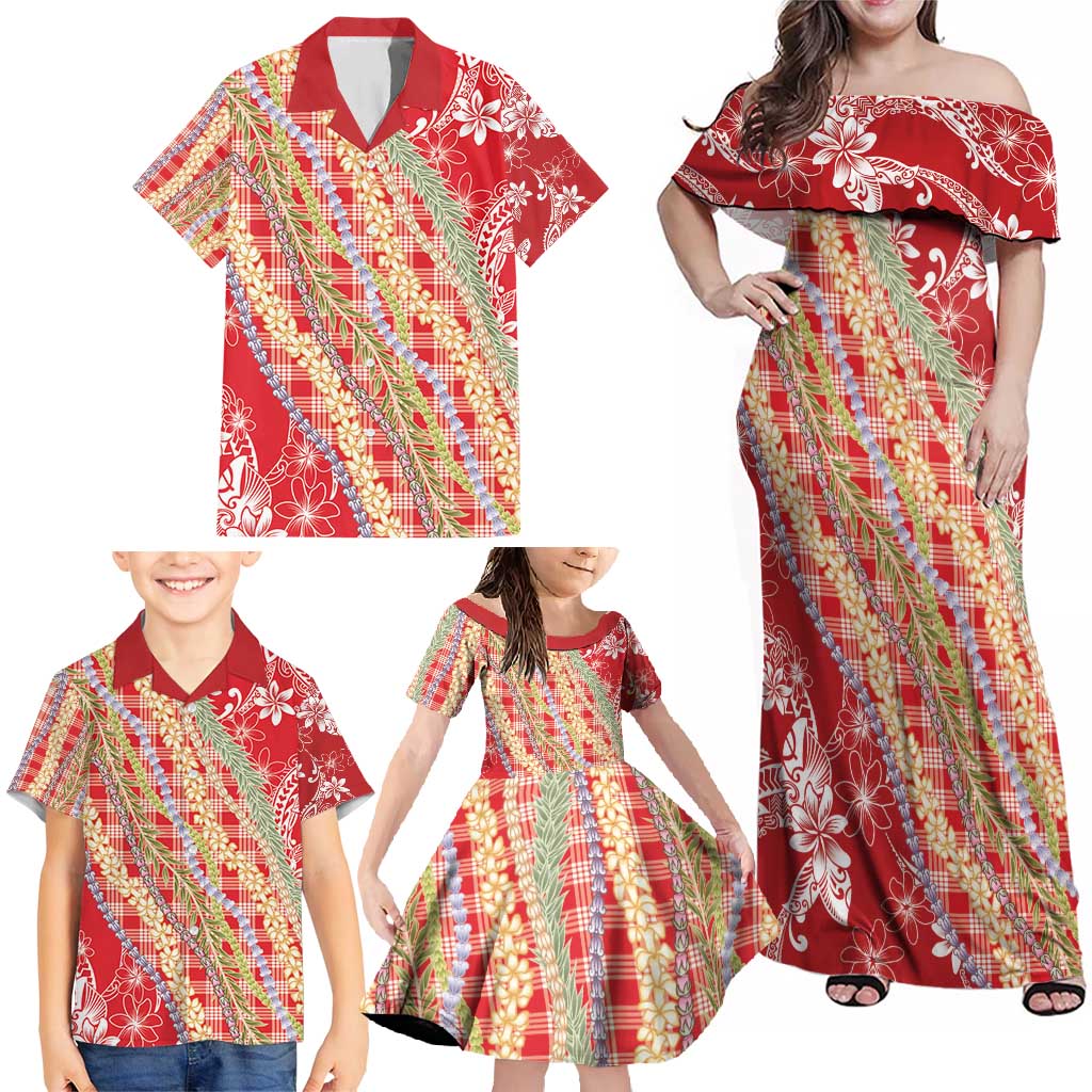 Red Palaka Hawaii Leis Family Matching Off Shoulder Maxi Dress and Hawaiian Shirt Hawaiian-plaid Elegant Tropical Vibes - Polynesian Pride