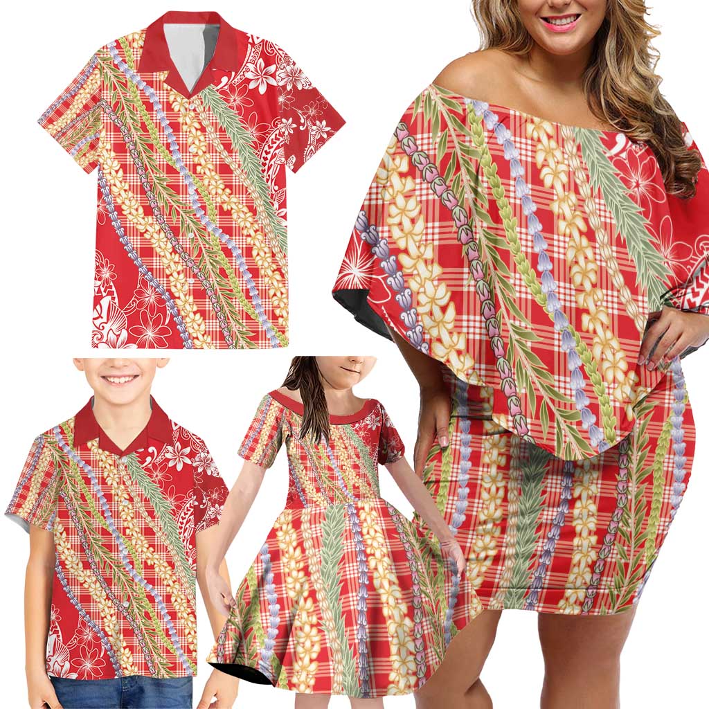 Red Palaka Hawaii Leis Family Matching Off Shoulder Short Dress and Hawaiian Shirt Hawaiian-plaid Elegant Tropical Vibes - Polynesian Pride