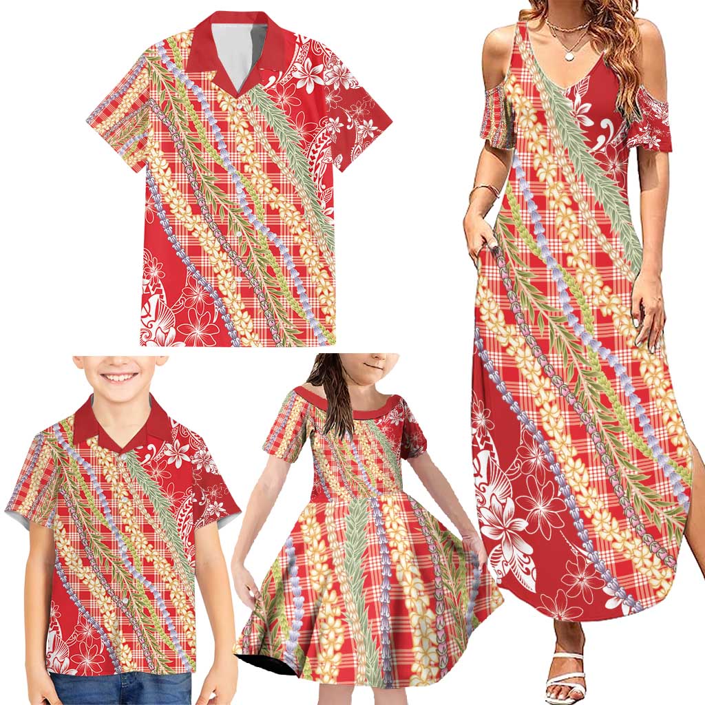 Red Palaka Hawaii Leis Family Matching Summer Maxi Dress and Hawaiian Shirt Hawaiian-plaid Elegant Tropical Vibes - Polynesian Pride