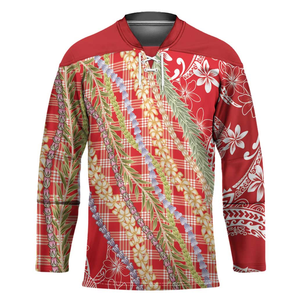 Red Palaka Hawaii Leis Hockey Jersey Hawaiian-plaid Elegant Tropical Vibes - Polynesian Pride