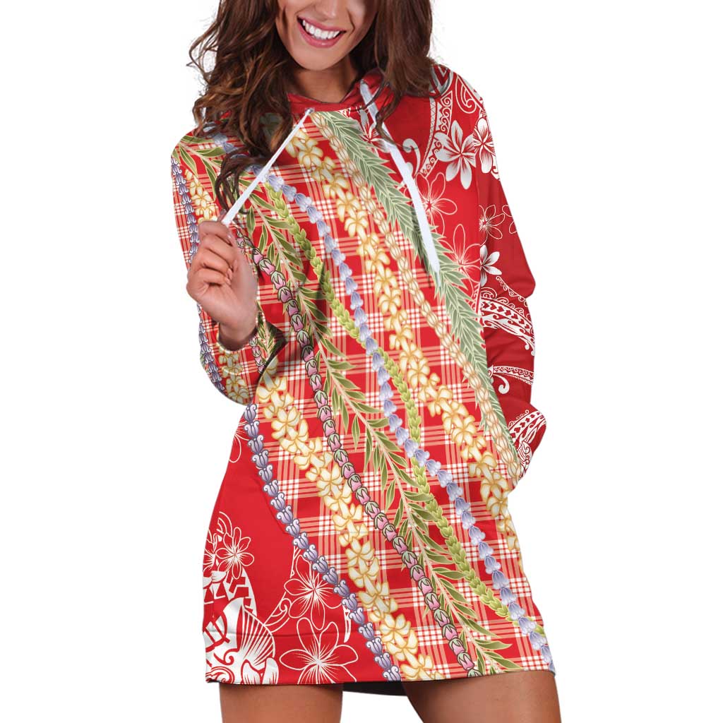 Red Palaka Hawaii Leis Hoodie Dress Hawaiian-plaid Elegant Tropical Vibes - Polynesian Pride