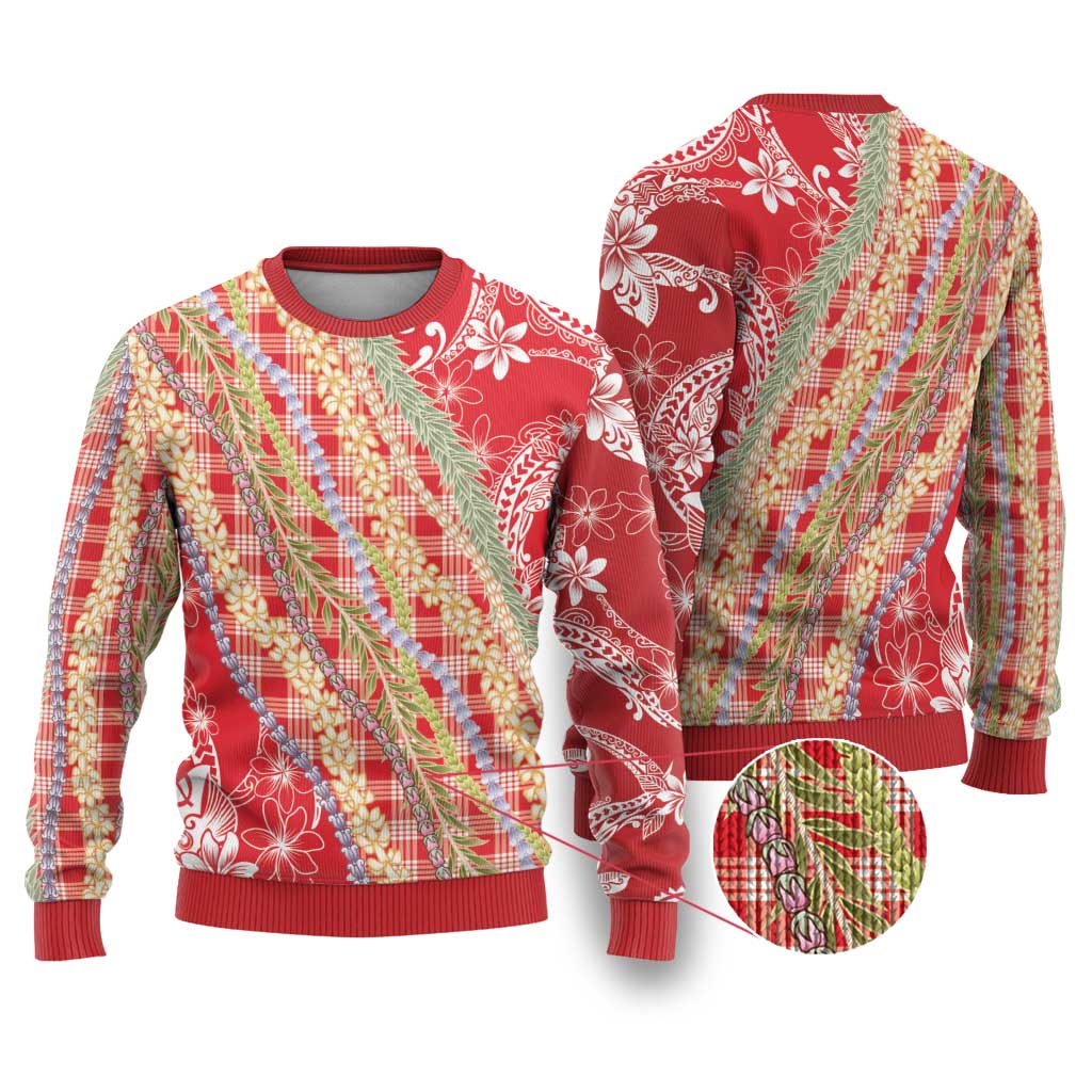 Red Palaka Hawaii Leis Ugly Christmas Sweater Hawaiian-plaid Elegant Tropical Vibes - Polynesian Pride