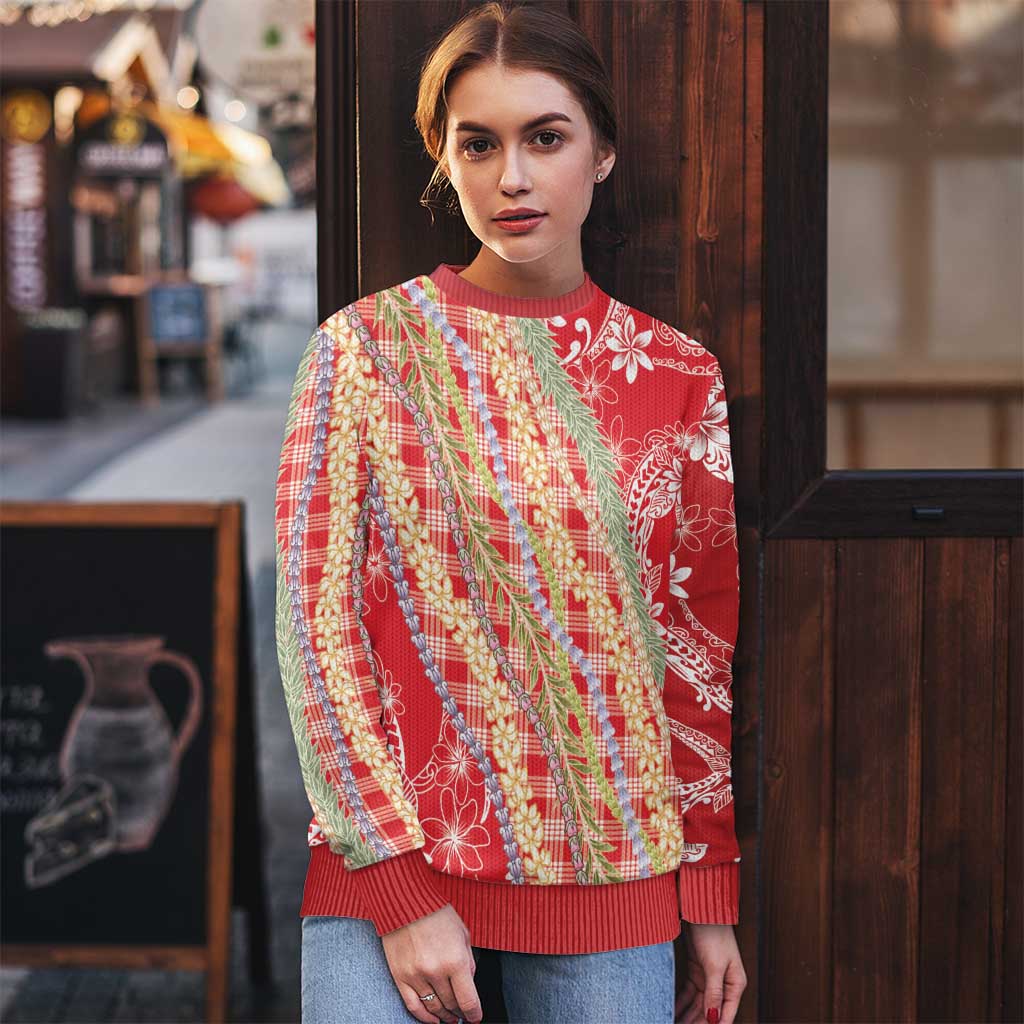 Red Palaka Hawaii Leis Ugly Christmas Sweater Hawaiian-plaid Elegant Tropical Vibes - Polynesian Pride