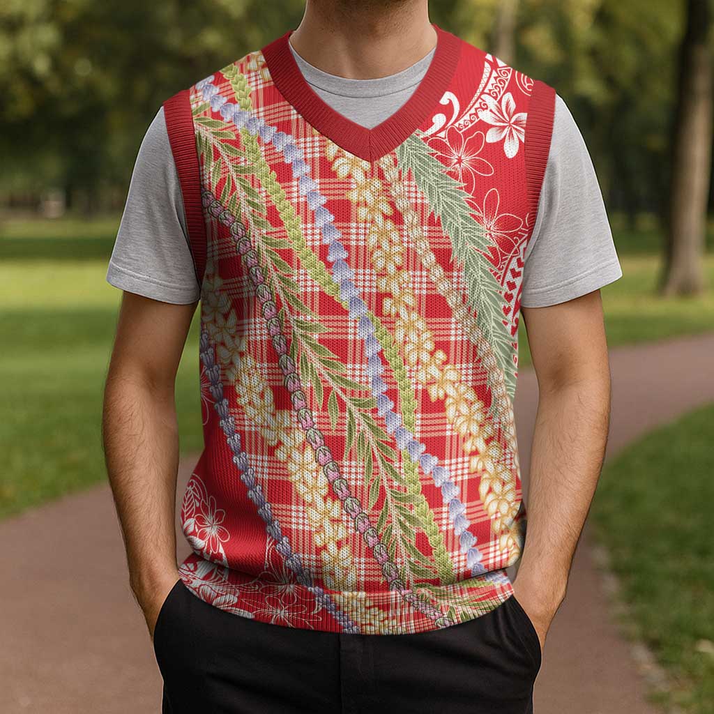 Red Palaka Hawaii Leis Christmas Knitted V-Neck Vest Hawaiian-plaid Elegant Tropical Vibes - Polynesian Pride