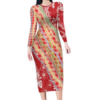 Red Palaka Hawaii Leis Long Sleeve Bodycon Dress Hawaiian-plaid Elegant Tropical Vibes - Polynesian Pride