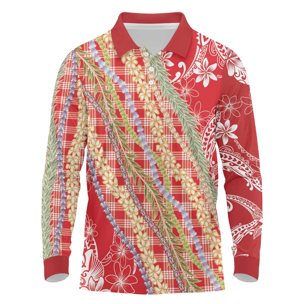 Red Palaka Hawaii Leis Long Sleeve Polo Shirt Hawaiian-plaid Elegant Tropical Vibes - Polynesian Pride