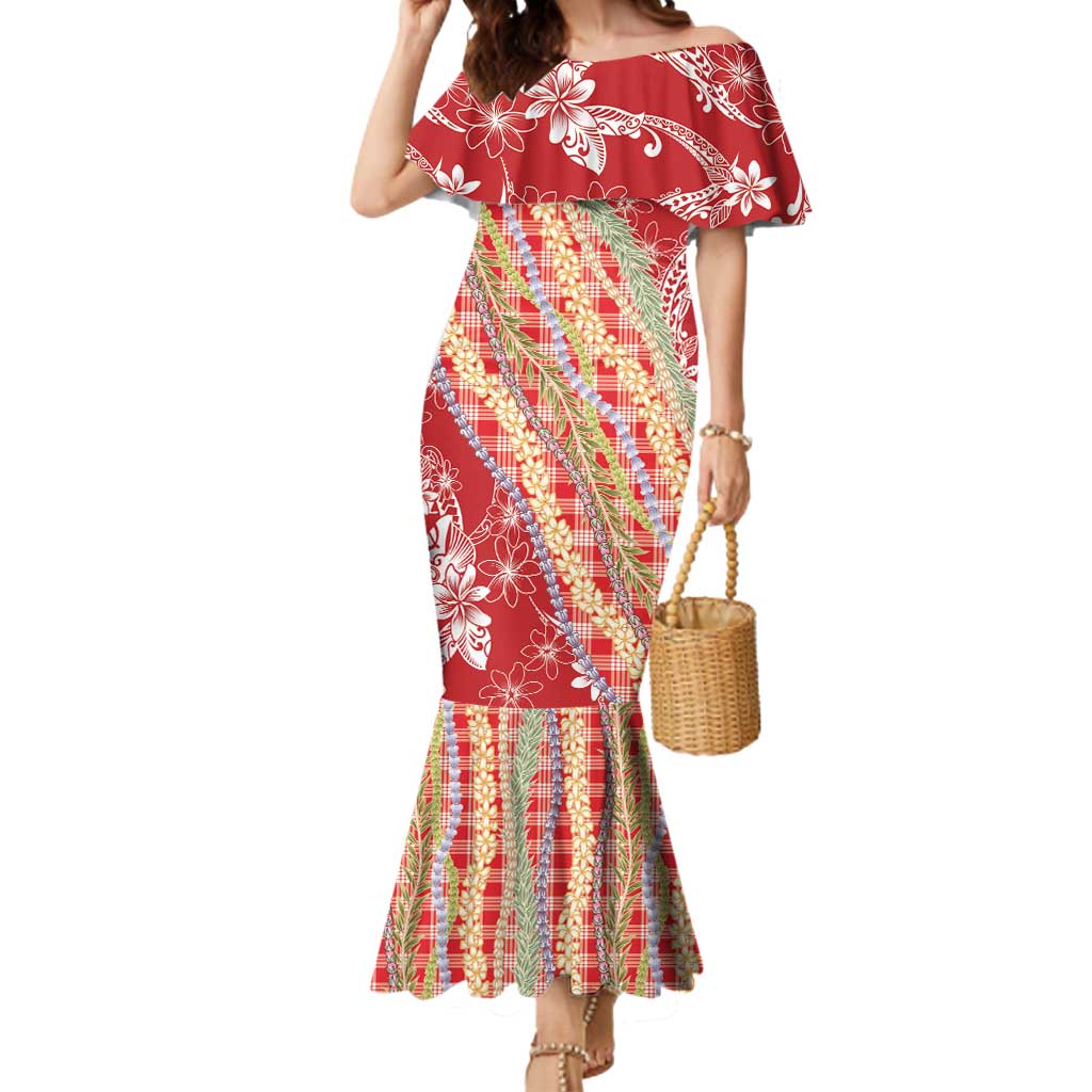 Red Palaka Hawaii Leis Mermaid Dress Hawaiian-plaid Elegant Tropical Vibes - Polynesian Pride