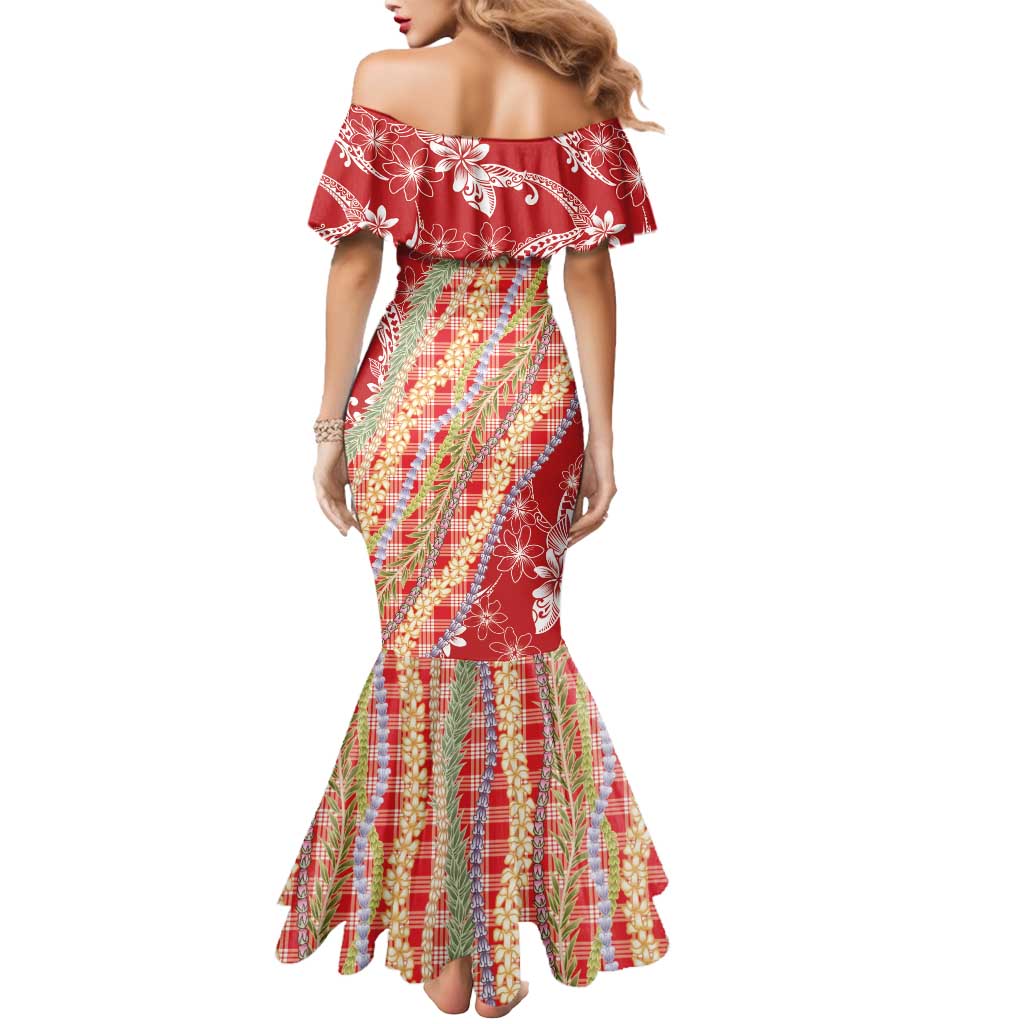 Red Palaka Hawaii Leis Mermaid Dress Hawaiian-plaid Elegant Tropical Vibes - Polynesian Pride