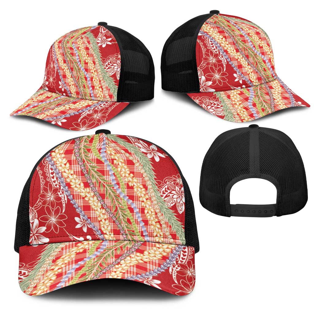 Red Palaka Hawaii Leis Mesh Trucker Cap Hawaiian-plaid Elegant Tropical Vibes - Polynesian Pride