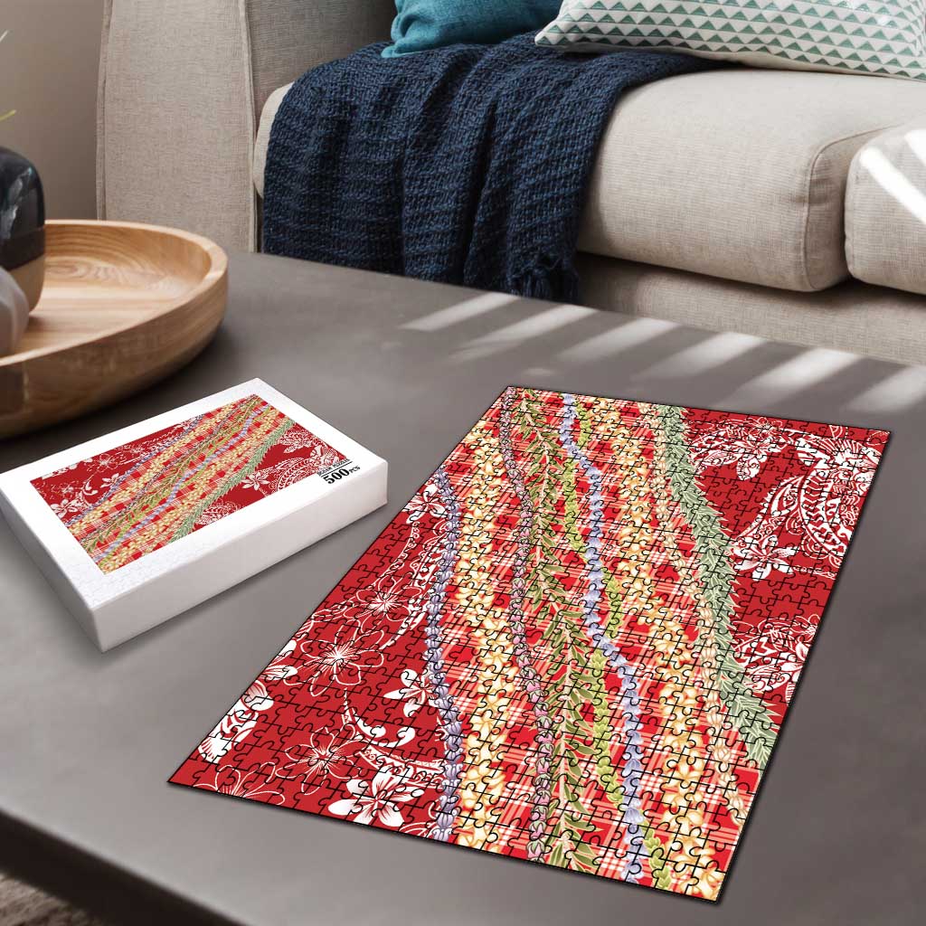 Red Palaka Hawaii Leis Puzzle Hawaiian-plaid Elegant Tropical Vibes - Polynesian Pride