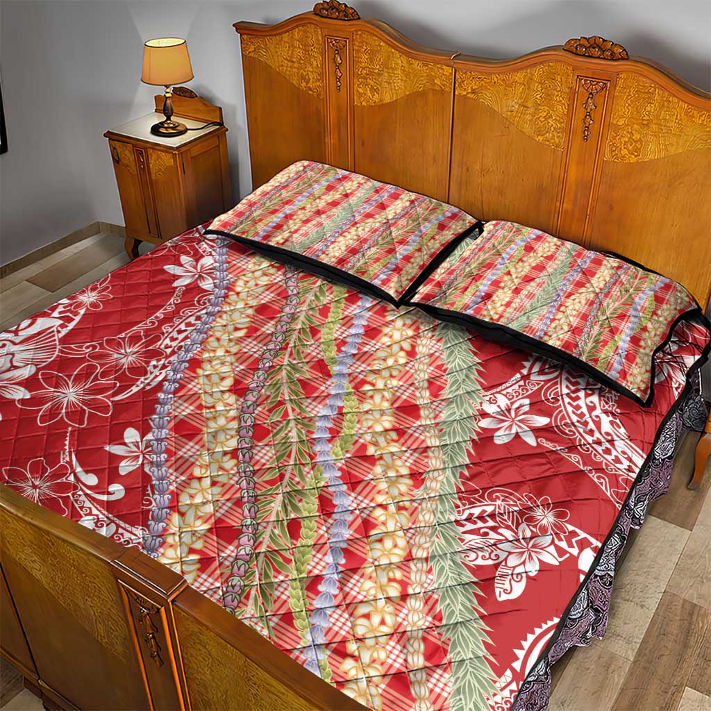Red Palaka Hawaii Leis Quilt Bed Set Hawaiian-plaid Elegant Tropical Vibes - Polynesian Pride