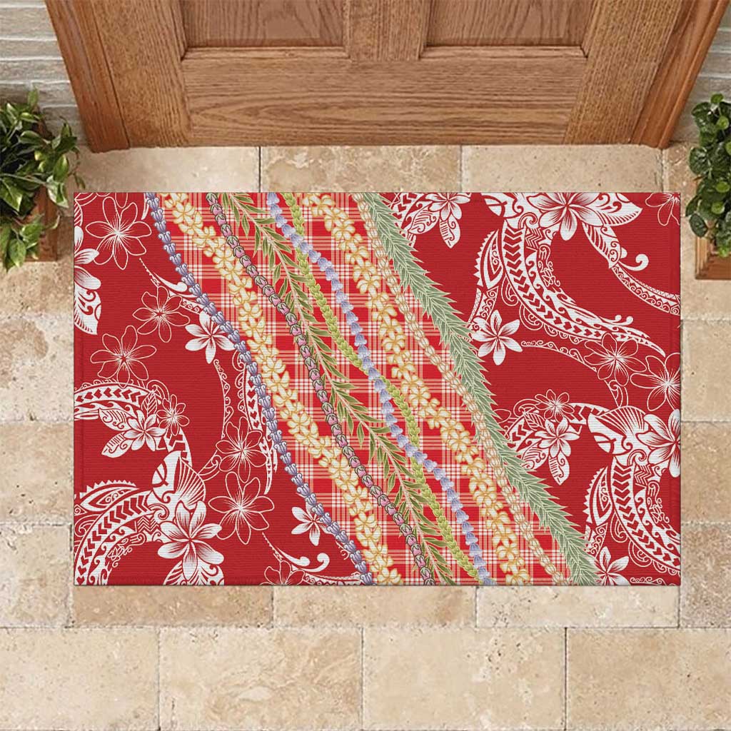 Red Palaka Hawaii Leis Rubber Doormat Hawaiian-plaid Elegant Tropical Vibes - Polynesian Pride