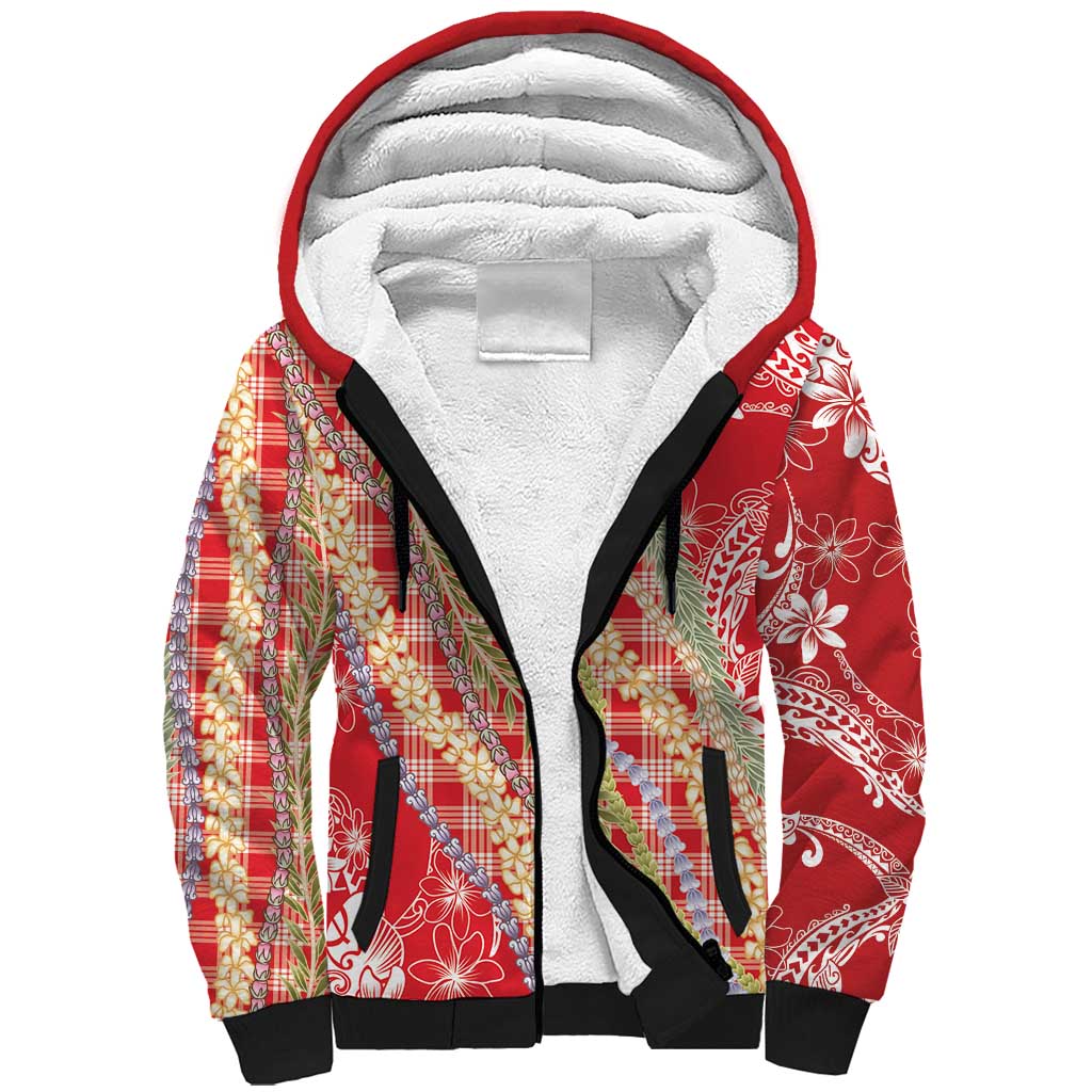 Red Palaka Hawaii Leis Sherpa Hoodie Hawaiian-plaid Elegant Tropical Vibes - Polynesian Pride