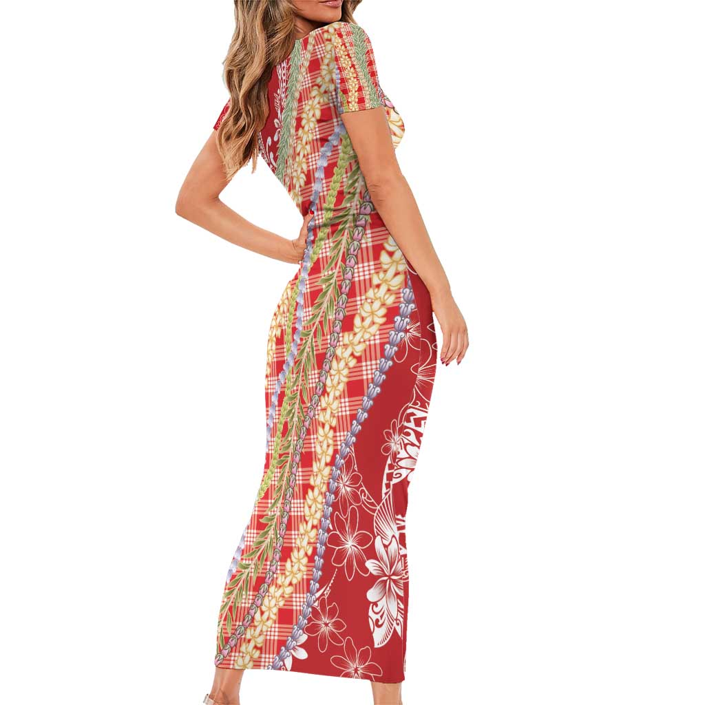Red Palaka Hawaii Leis Short Sleeve Bodycon Dress Hawaiian-plaid Elegant Tropical Vibes - Polynesian Pride