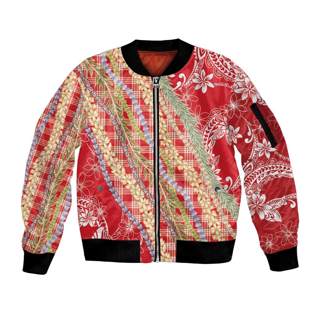 Red Palaka Hawaii Leis Sleeve Zip Bomber Jacket Hawaiian-plaid Elegant Tropical Vibes - Polynesian Pride