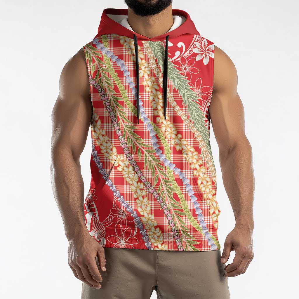 Red Palaka Hawaii Leis Sleeveless Hoodie Hawaiian-plaid Elegant Tropical Vibes - Polynesian Pride