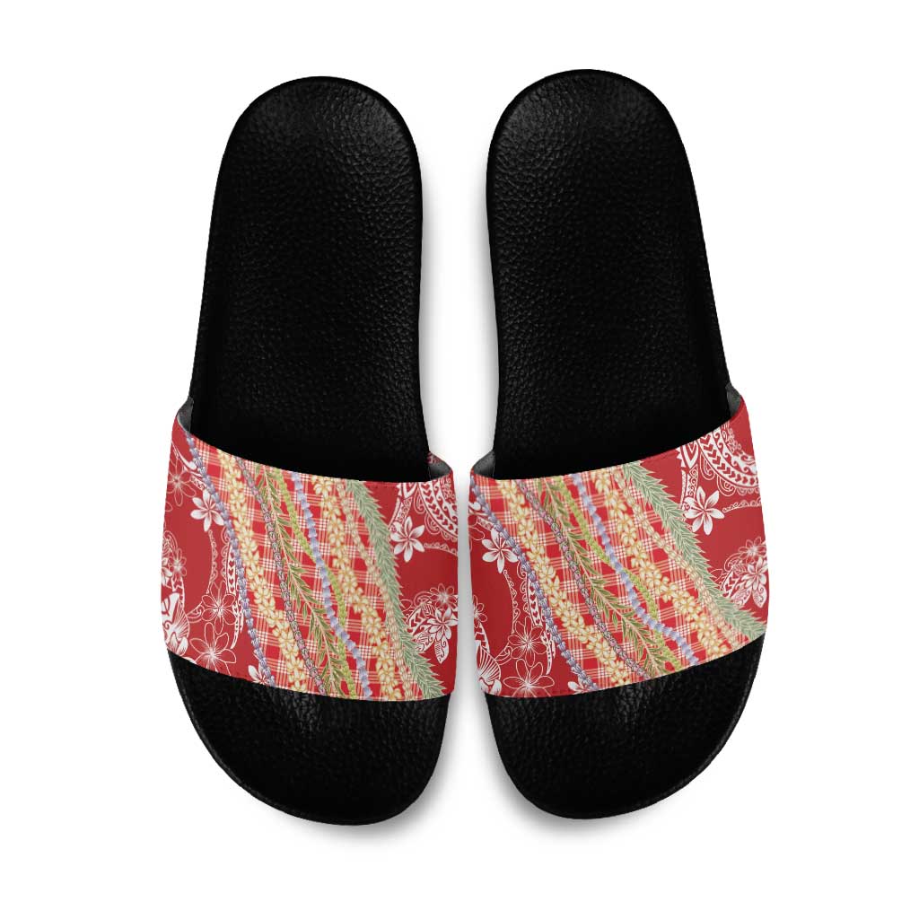 Red Palaka Hawaii Leis Slide Sandals Hawaiian-plaid Elegant Tropical Vibes - Polynesian Pride